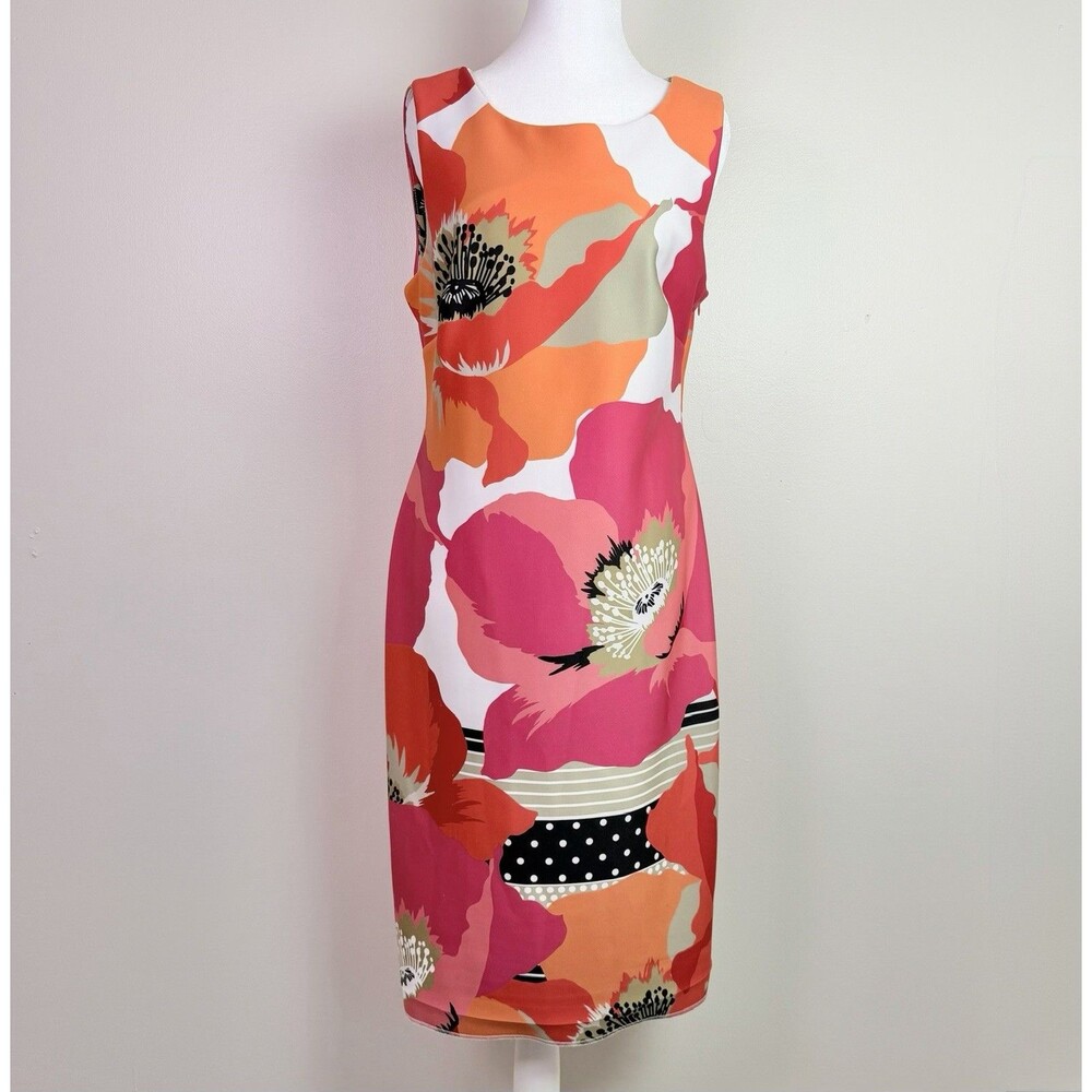 Calvin Klein Floral Sheath Midi Dress Women's 12 Pink Orange Bold Career Office - Picture 2 of 16